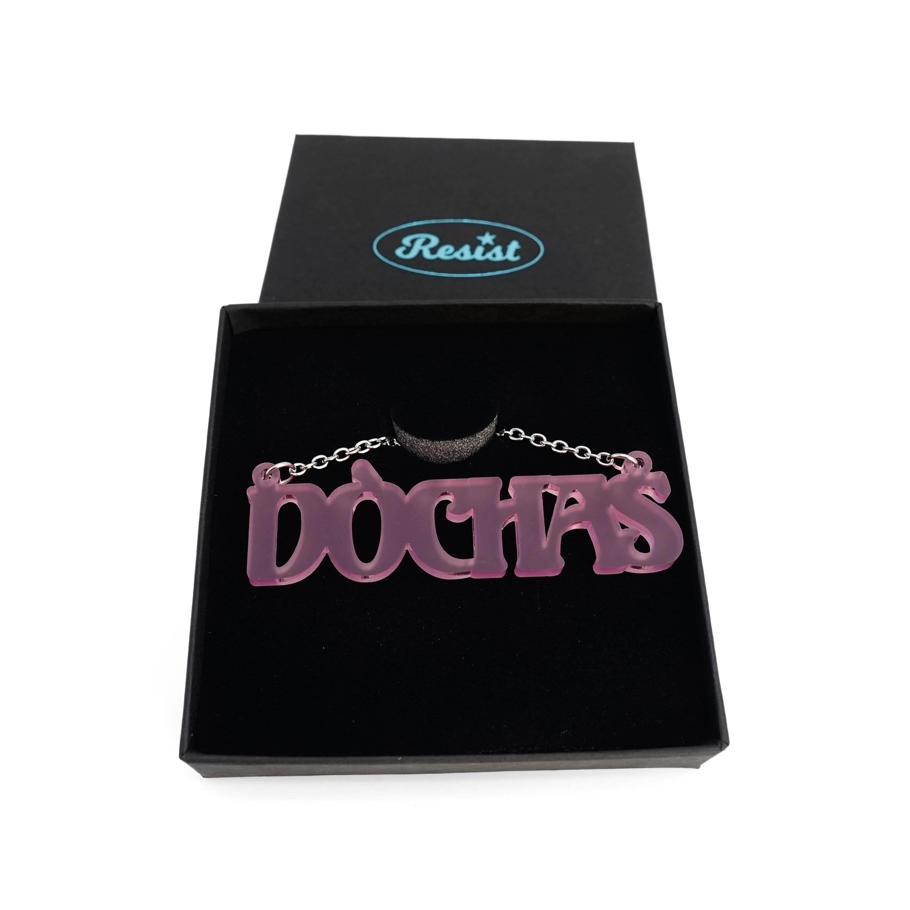 DÒCHAS Irish Gaelige hope necklace in pink frost, shown in a Wear & Resist gift box. 
