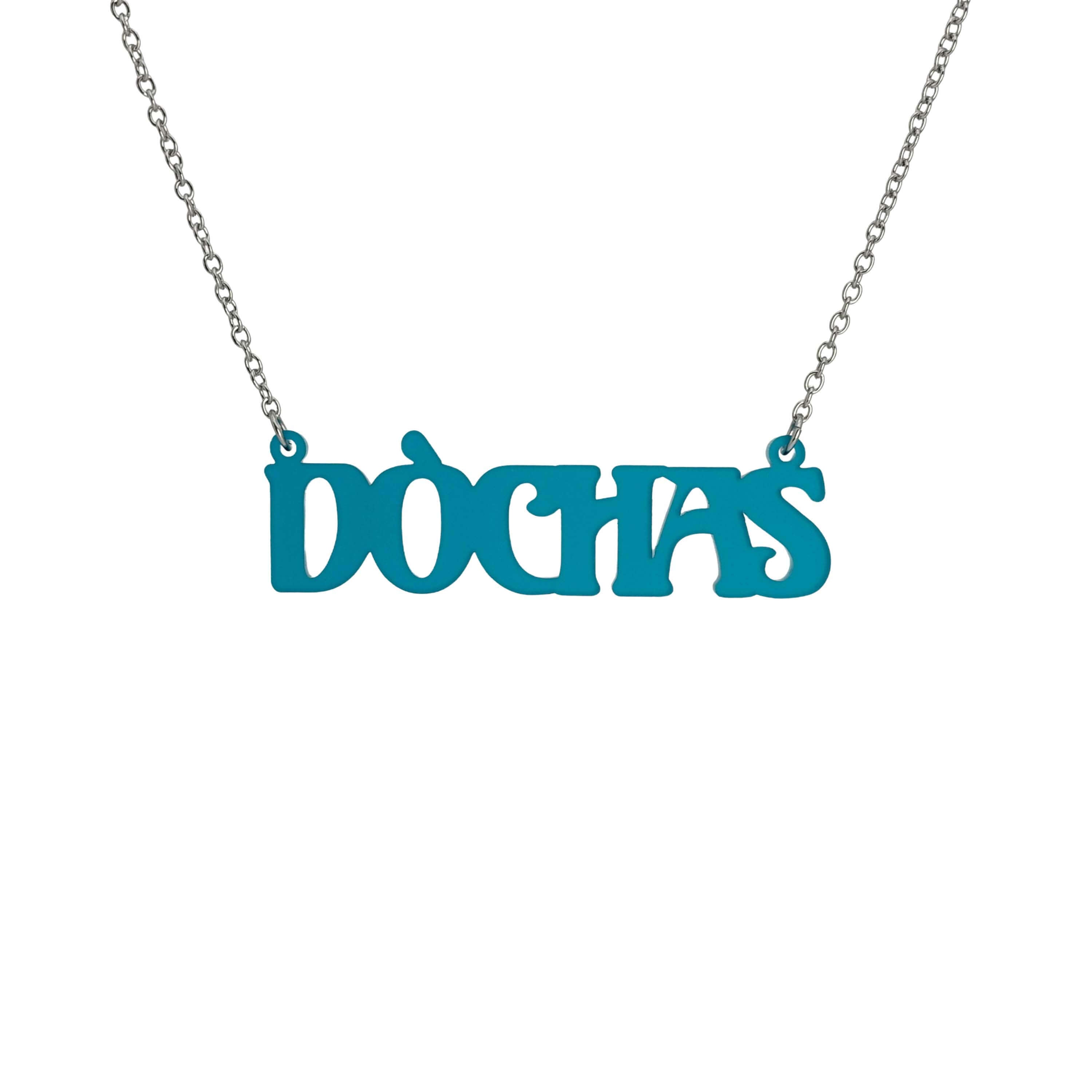 DÒCHAS Irish Gaelige hope necklace in teal frost, shown hanging on a stainless steel chain. 