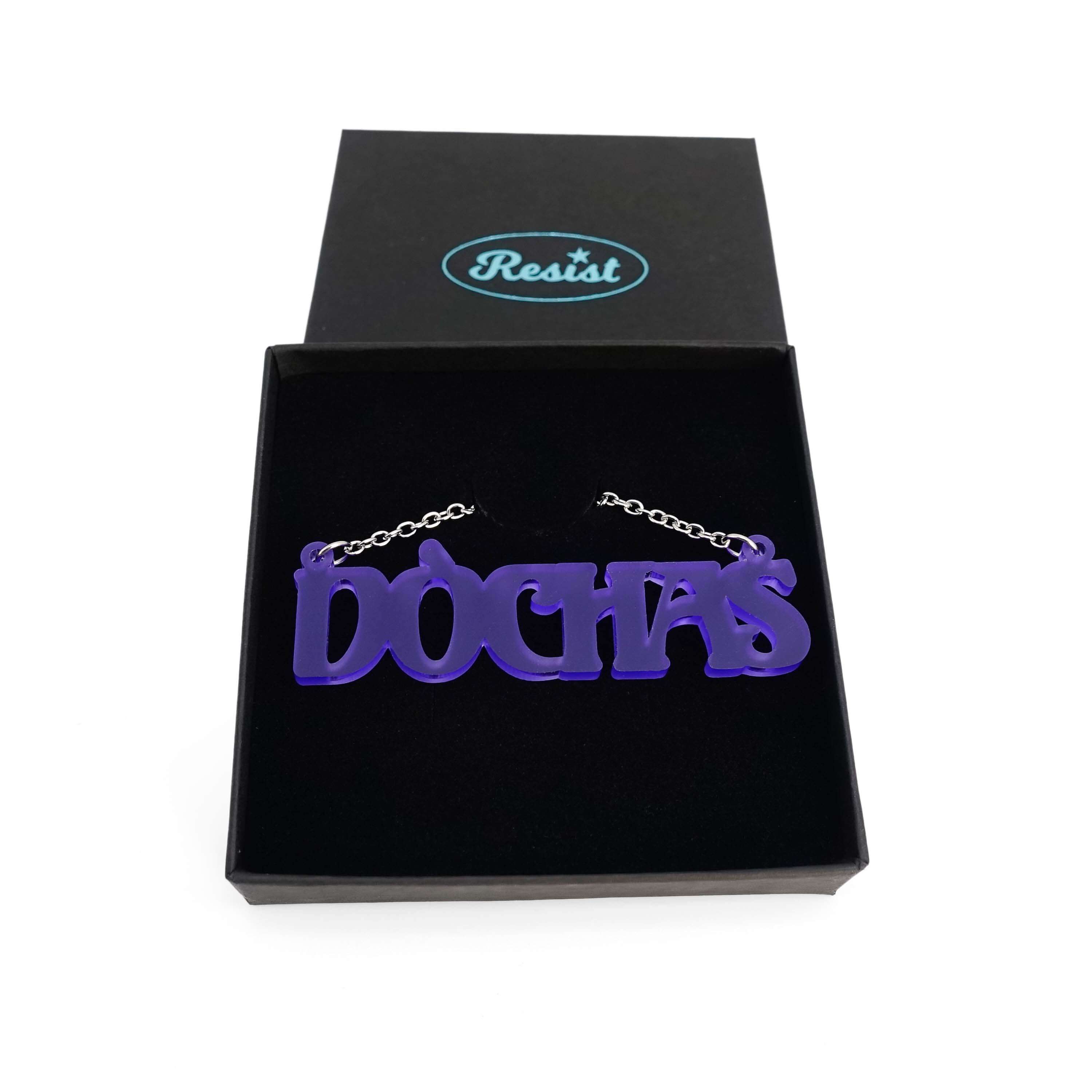 DÒCHAS Irish Gaelige hope necklace in violet frost, shown in a Wear & Resist gift box. 
