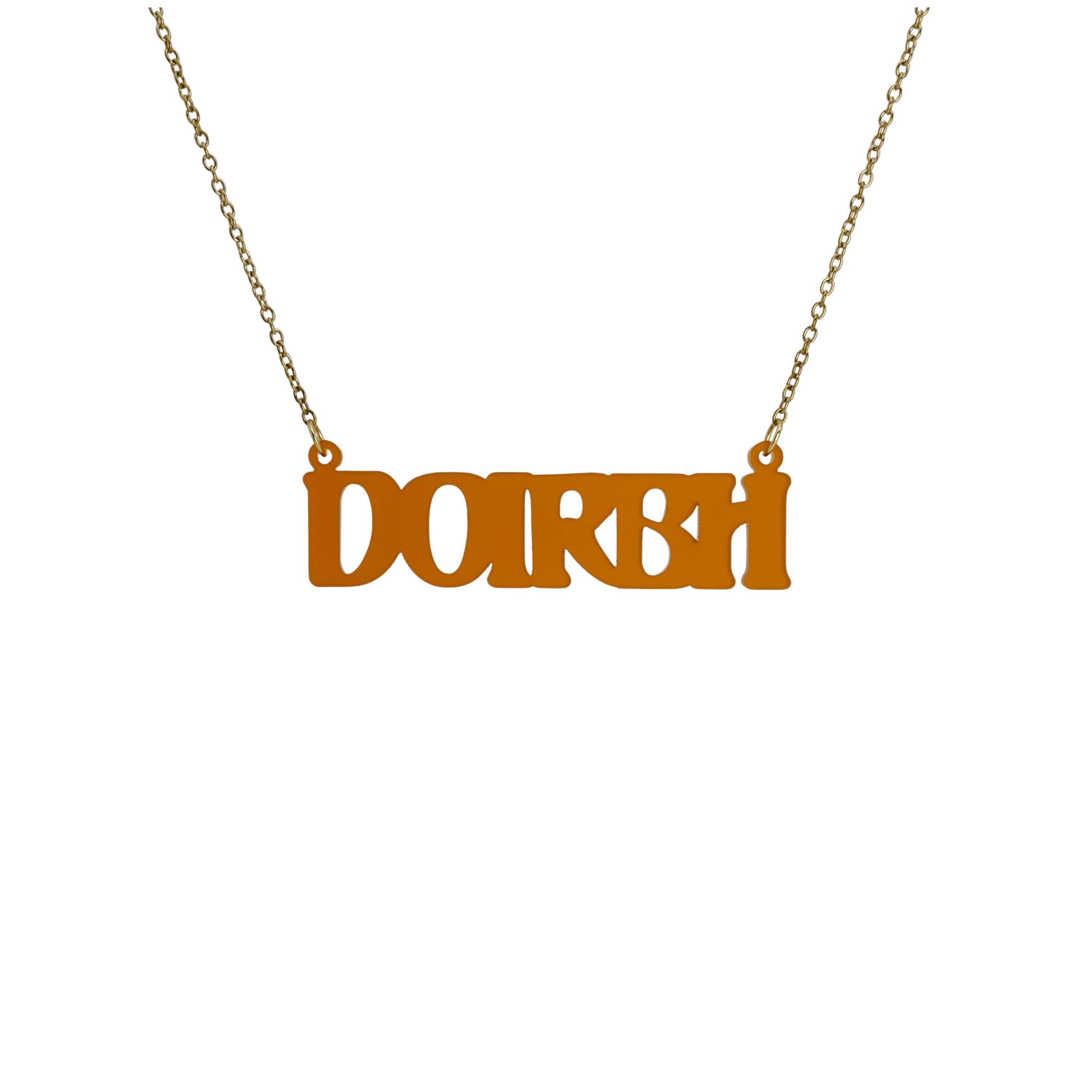 DOIRBH Gaelige necklace for Irish difficult women in cider frost, shown hanging on an antique gold chain. 