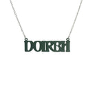 DOIRBH Gaelige necklace for Irish difficult women in matte moss, shown hanging on a stainless steel chain. 