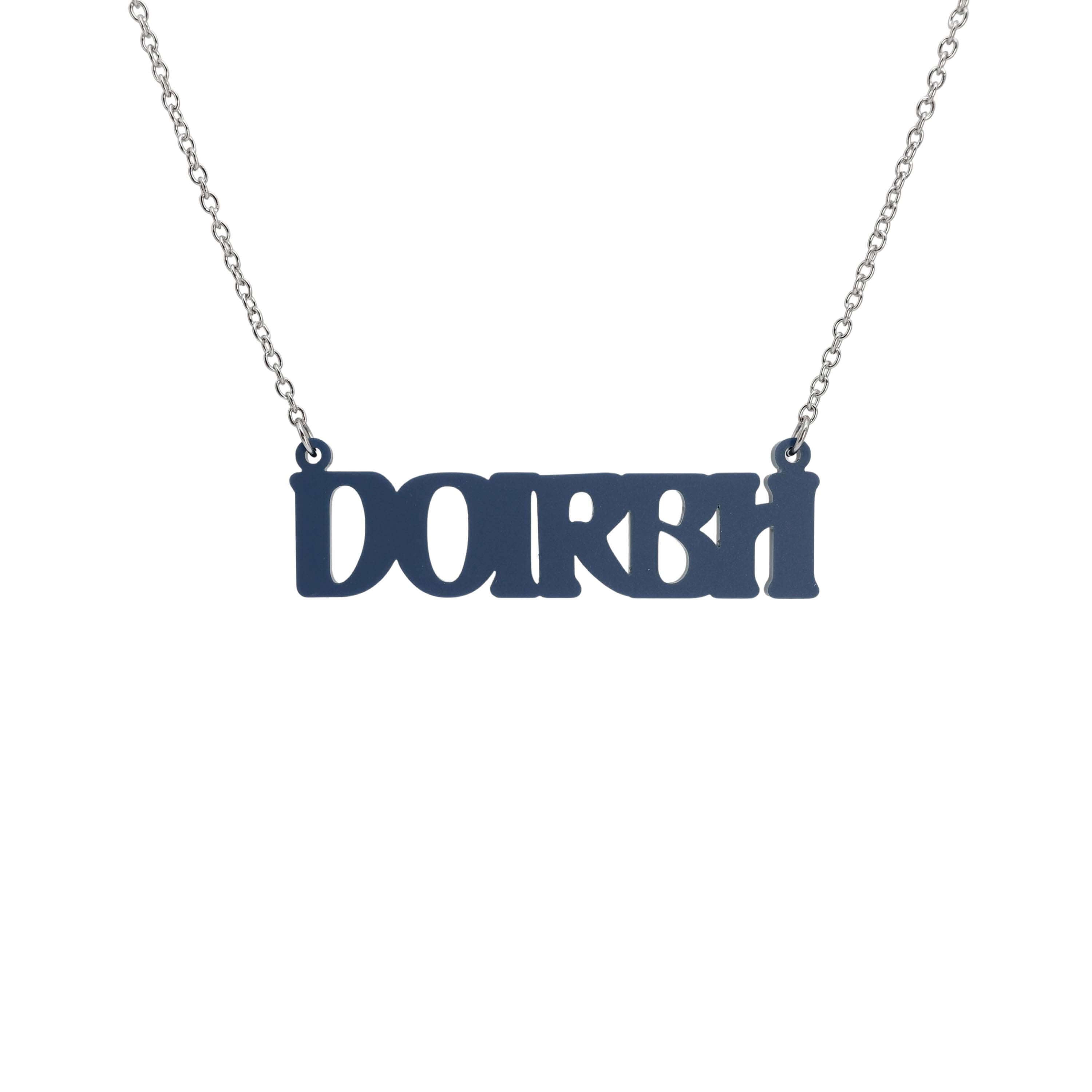 DOIRBH Gaelige necklace for Irish difficult women in slate, shown hanging on a stainless steel chain. 