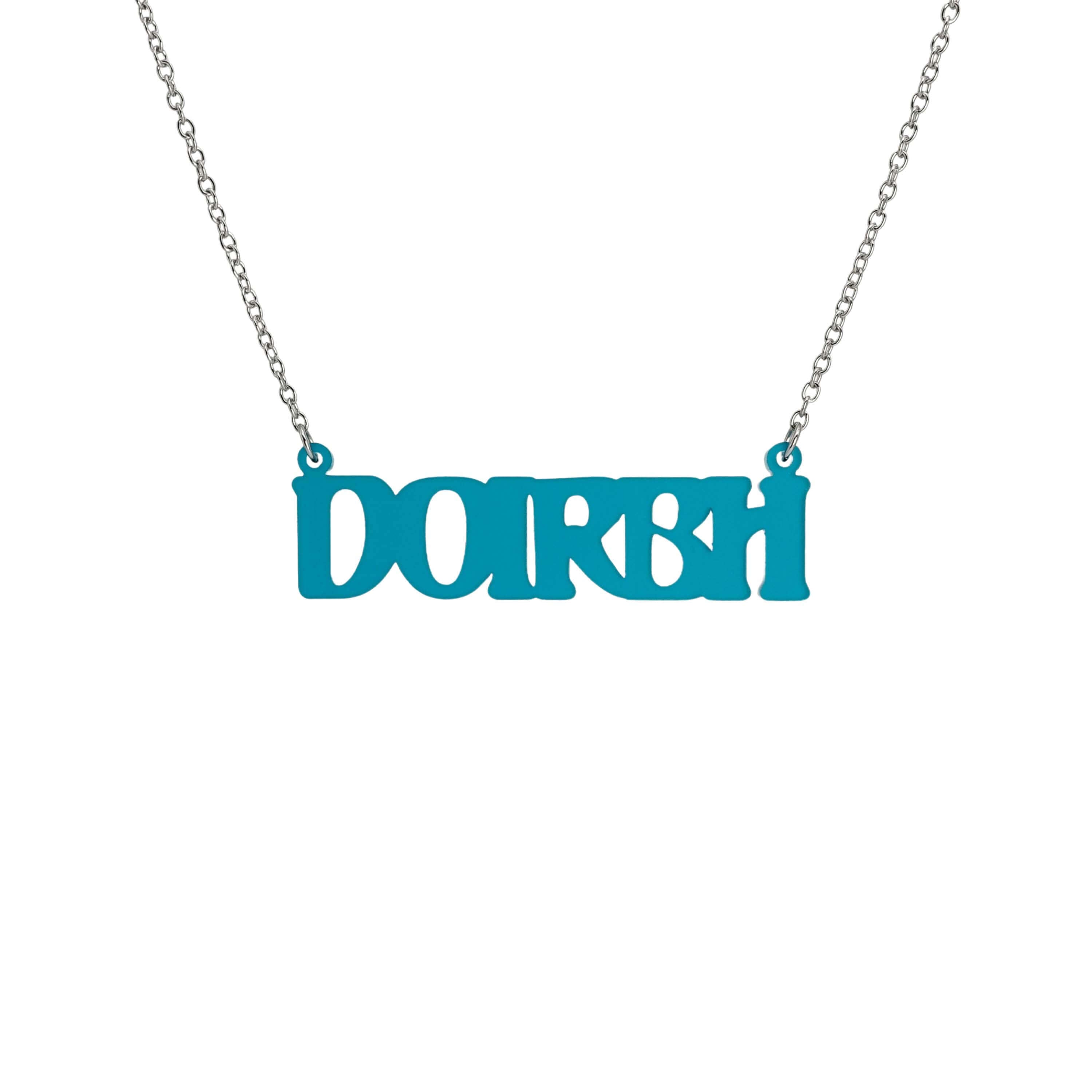 DOIRBH Gaelige necklace for Irish difficult women in teal frost, shown hanging on a stainless steel chain. 
