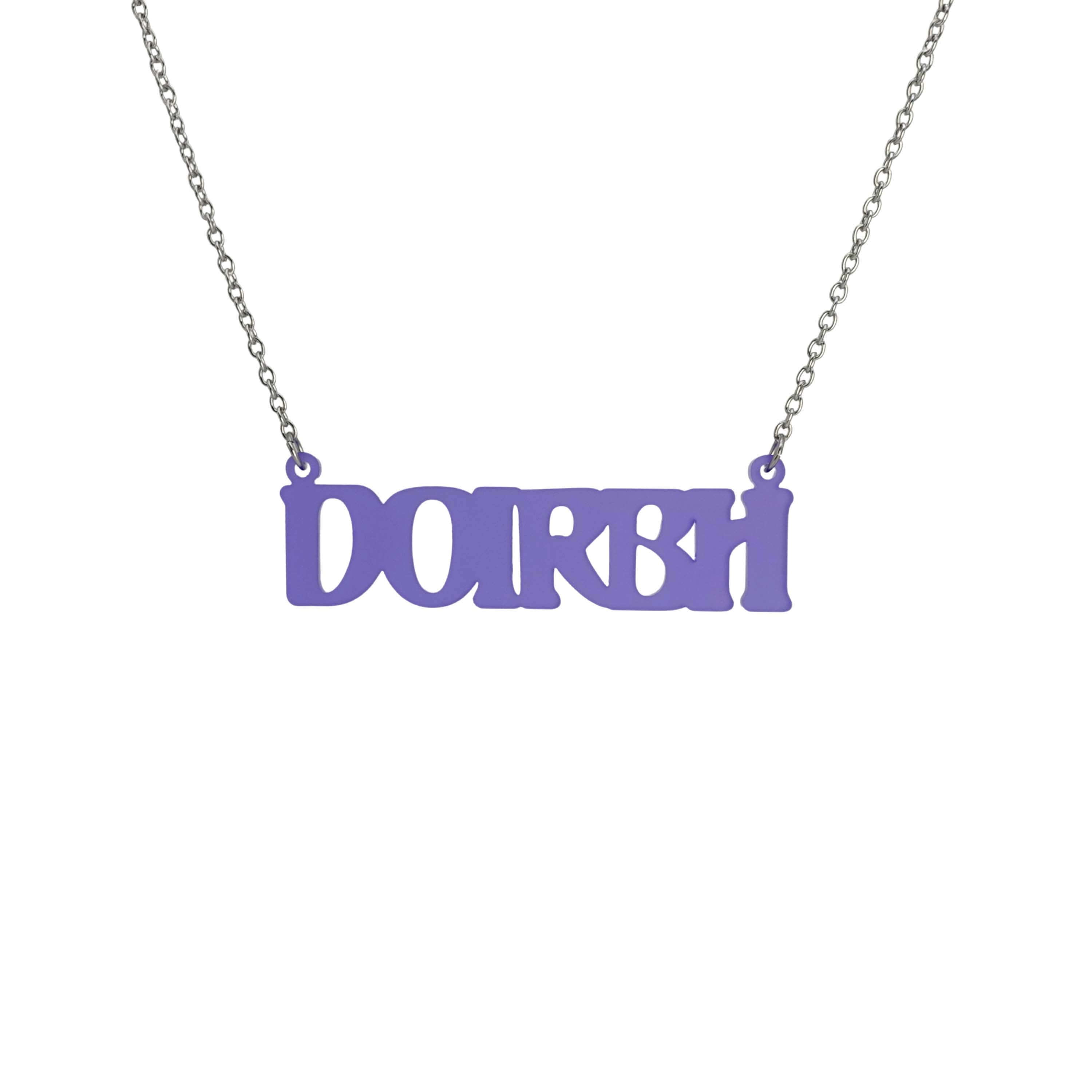 DOIRBH Gaelige necklace for Irish difficult women in violet frost, shown hanging on a stainless steel chain. 