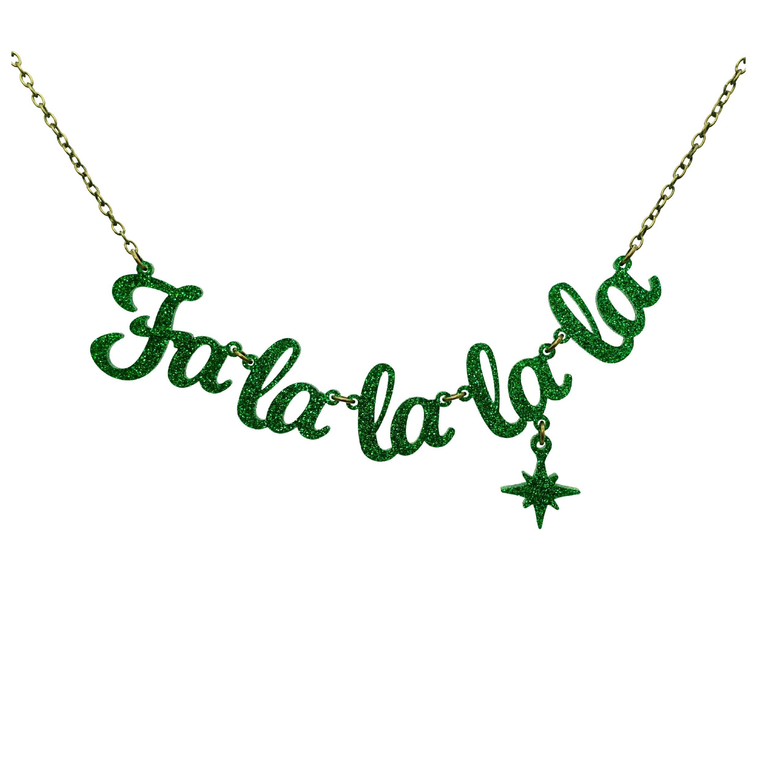 Fa la la la la necklace in green glitter shown hanging against a white background. 