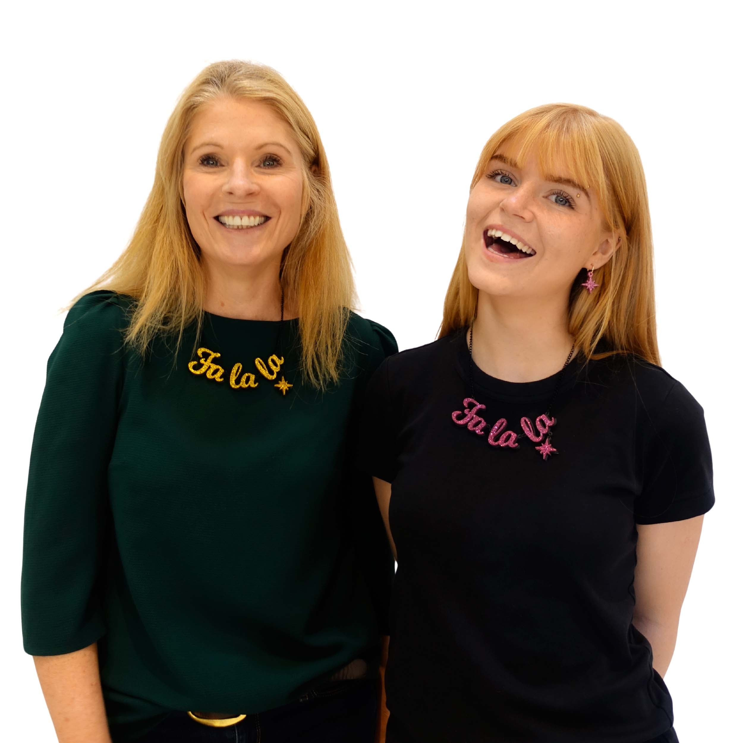 Sarah Day, founder of Wear and Resist and her daughter Eliza wearing FA LA LA necklaces from the Festive collection. 