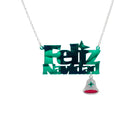 Feliz Navidad necklace in electric green with a hanging glitter bell. Designed by Sarah Day for Wear and Resist. 