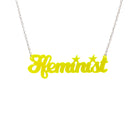 Welsh Ffeminist necklace in neon yellow, shown hanging against a white background. 