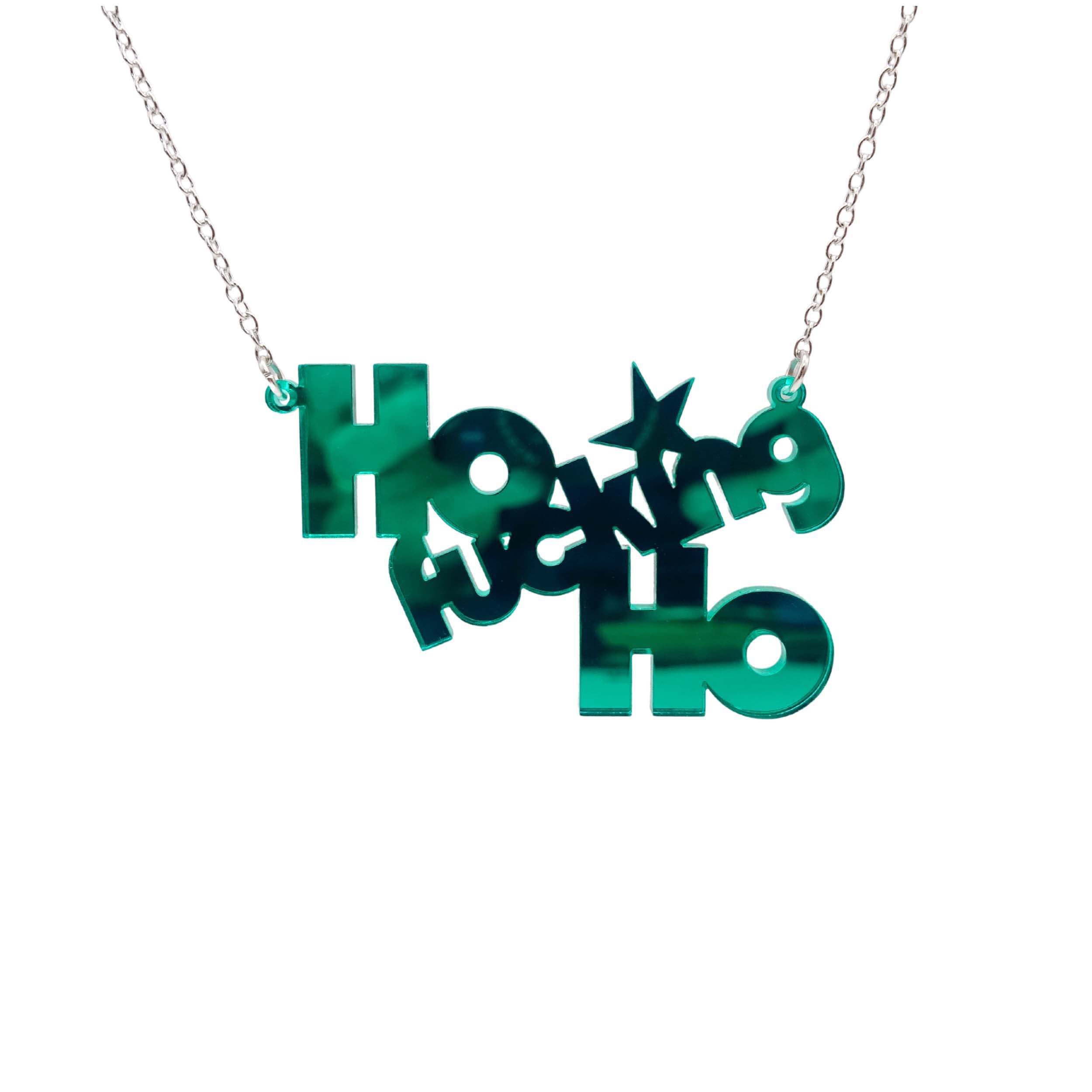 Ho F*cking Ho necklace in electric green, shown hanging against a white background. 