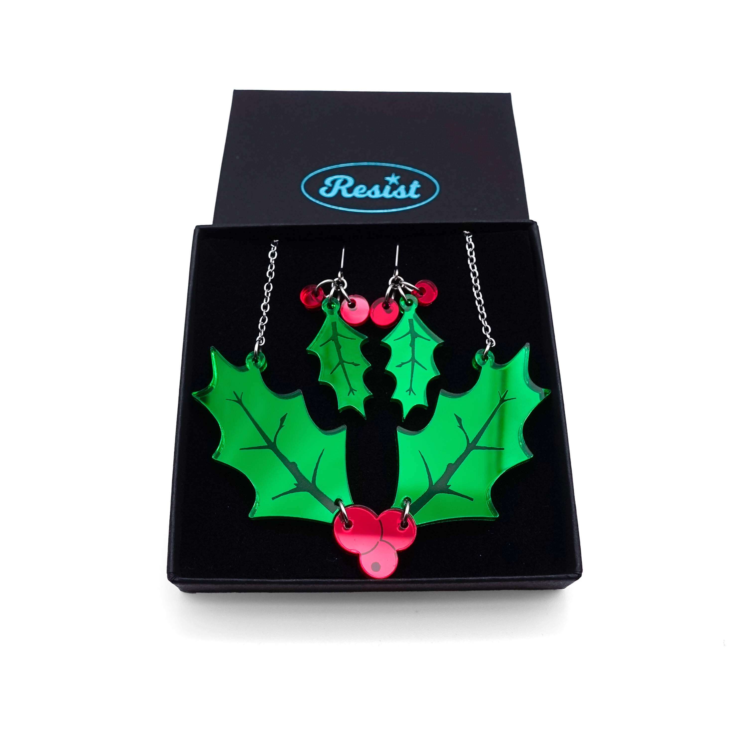 A set of the holly earrings and necklace in a Wear and Resist gift box. 