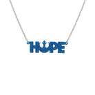 Hope necklace with Rebel Alliance symbol in blue glitter shown hanging on a stainless steel chain against a white background. 