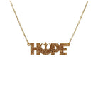Hope necklace with Rebel Alliance symbol in gold glitter shown hanging on a gold-plated stainless steel chain against a white background. 