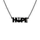 Hope necklace with Rebel Alliance symbol in matte blaack shown hanging on a black chain against a white background. 