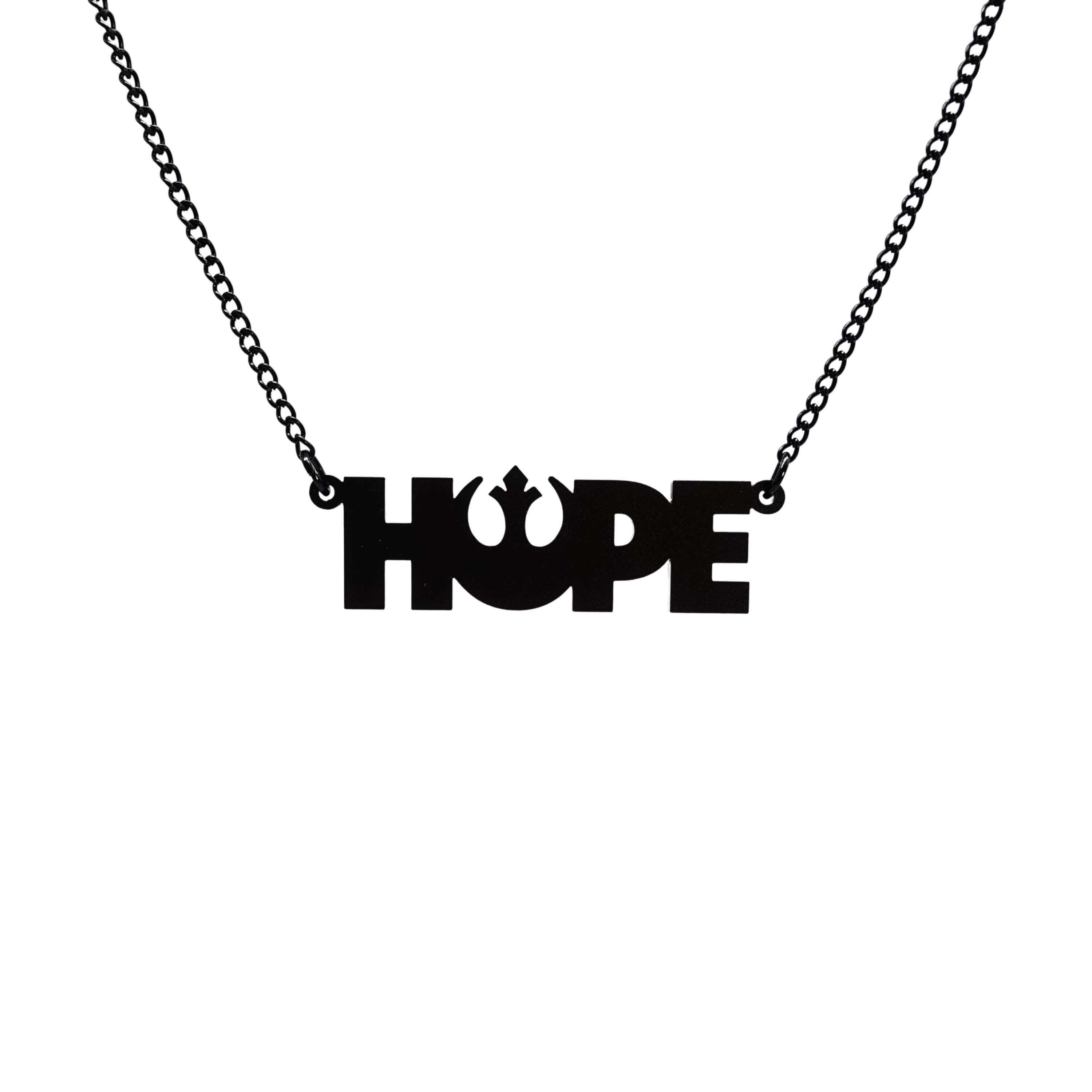 Hope necklace with Rebel Alliance symbol in matte blaack shown hanging on a black chain against a white background. 