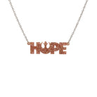 Hope necklace with Rebel Alliance symbol in pink fizz glitter shown hanging on a stainless steel chain against a white background. 