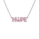 Hope necklace with Rebel Alliance symbol in pale pink frost shown hanging on a stainless steel chain against a white background. 
