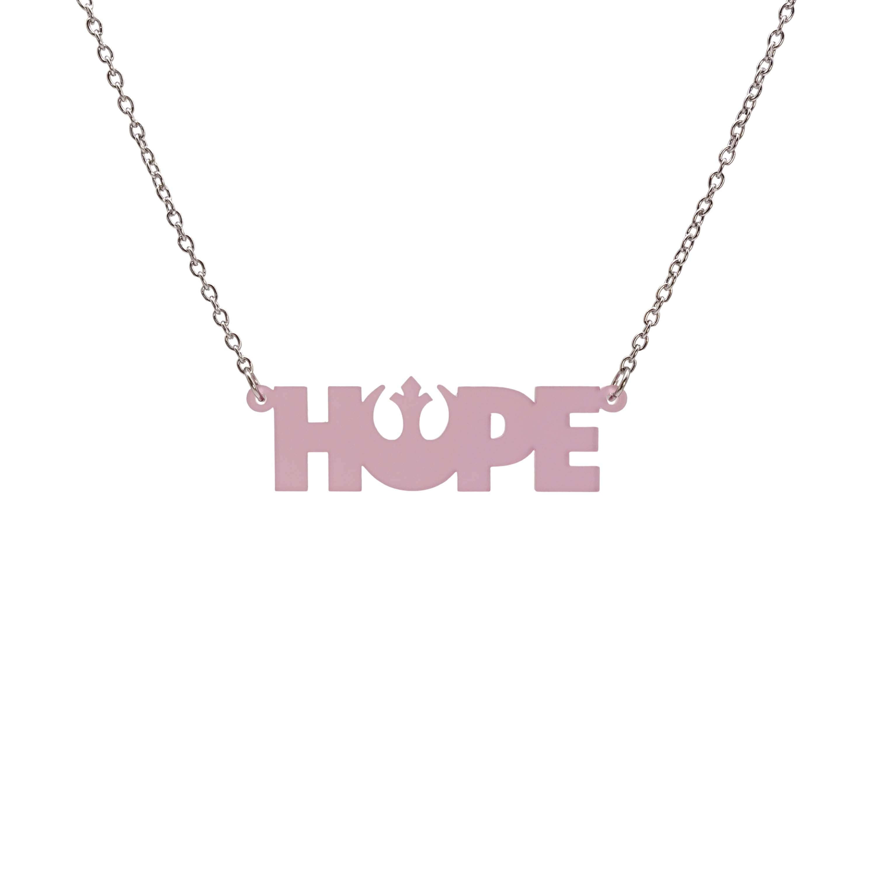 Hope necklace with Rebel Alliance symbol in pale pink frost shown hanging on a stainless steel chain against a white background. 