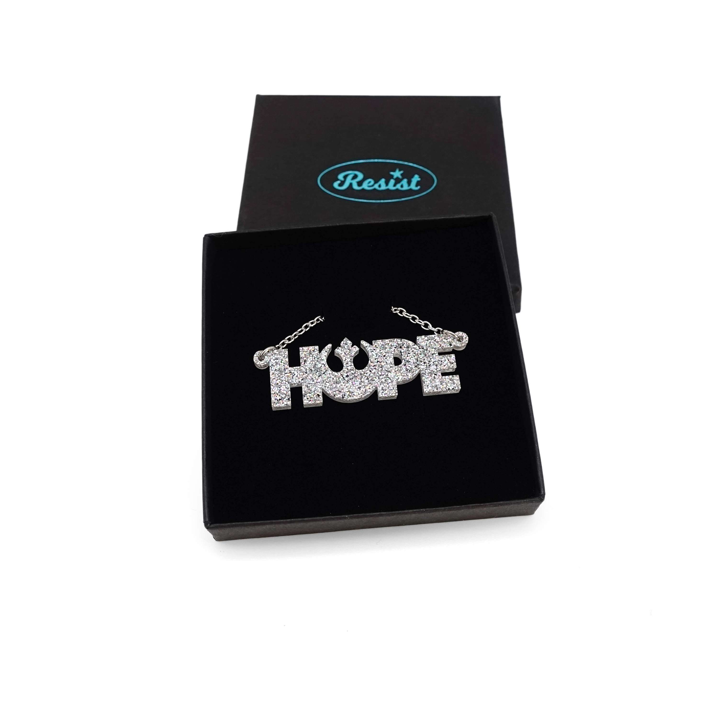 Hope necklace with Rebel Alliance symbol in silver glitter, shown in a Wear and Resist gift box. 