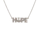 Hope necklace with Rebel Alliance symbol in silver glitter shown hanging on a stainless steel chain against a white background. 