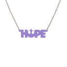 Hope necklace with Rebel Alliance symbol in violet frost shown hanging on a stainless steel chain against a white background. 