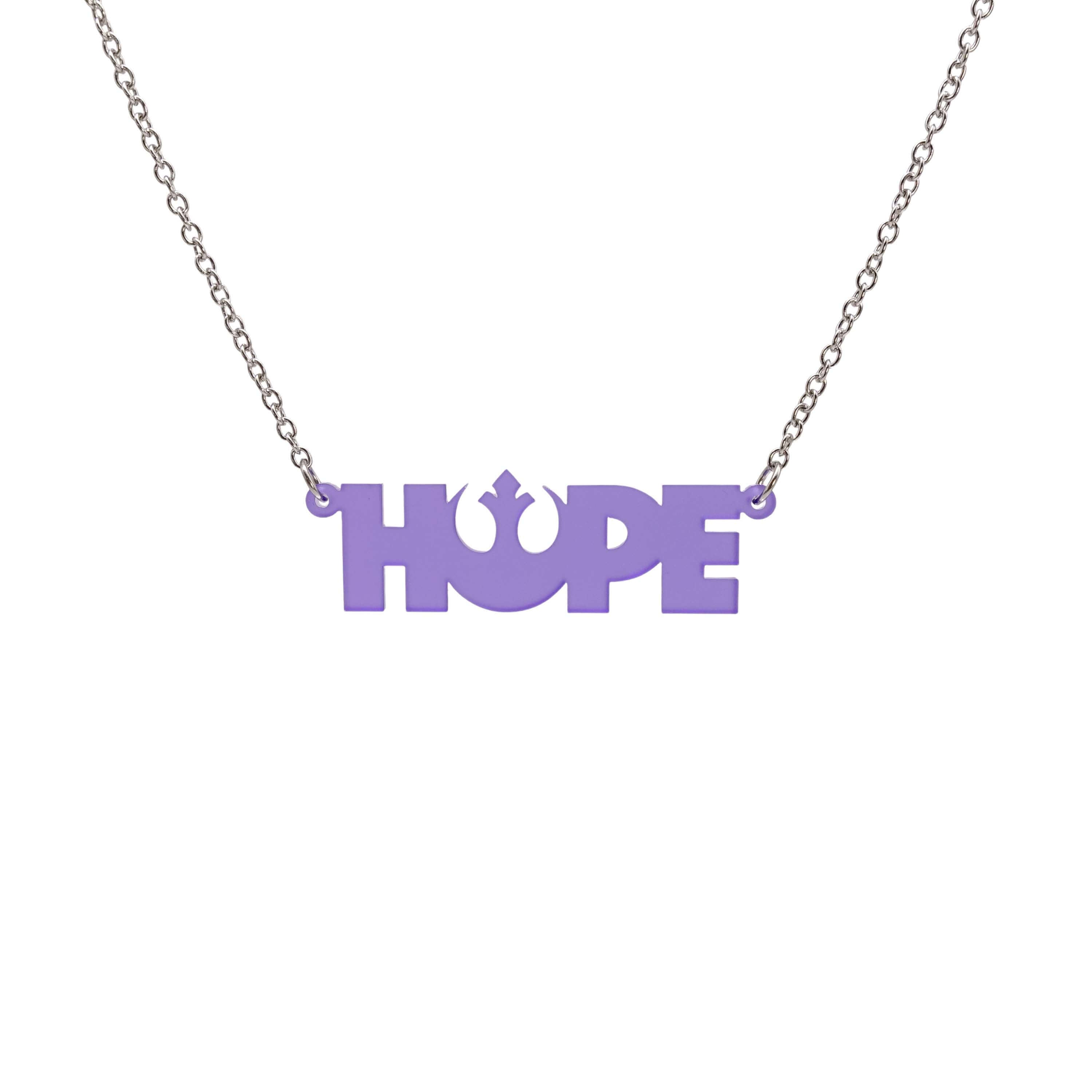 Hope necklace with Rebel Alliance symbol in violet frost shown hanging on a stainless steel chain against a white background. 