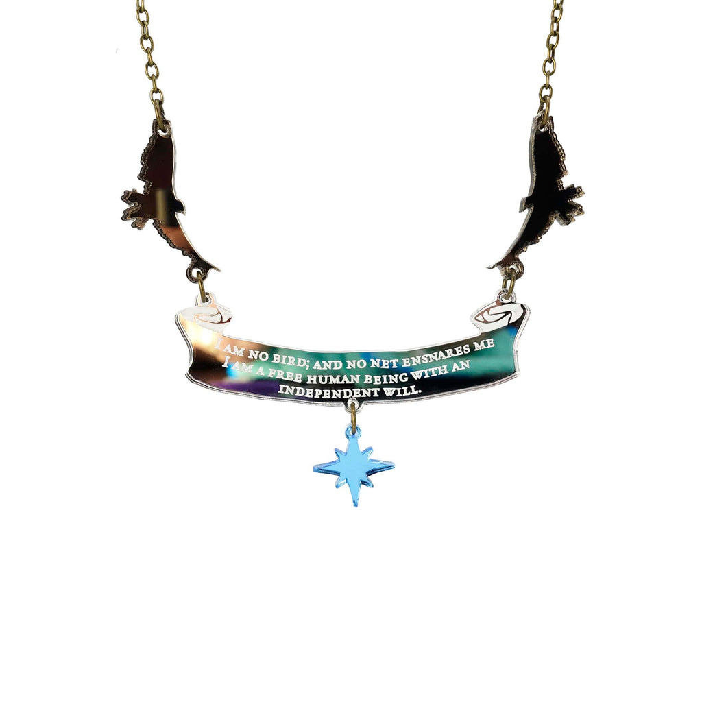  'I am no bird' statement Jane Eyre, Charlotte Brontë necklace shown hanging against a white background. 