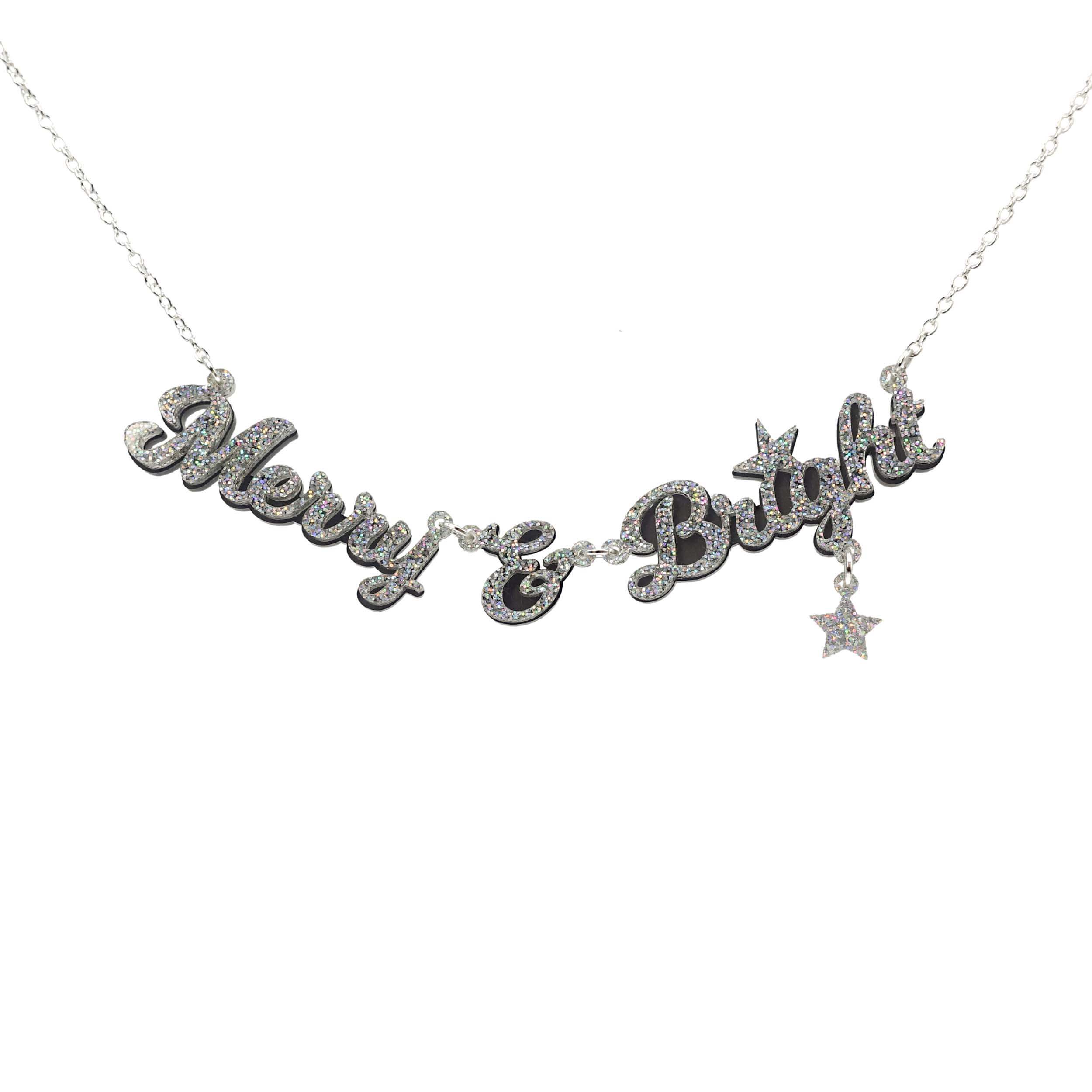 Merry & Bright necklace in silver glitter on a silver chain, shown hanging against a white background. 