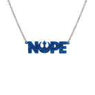 Nope necklace with Rebel Alliance symbol in blue glitter hanging on a stainless steel chain against a white background. 