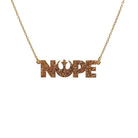 Nope necklace with Rebel Alliance symbol in gold glitter hanging on a gold plated stainless steel chain against a white background. 