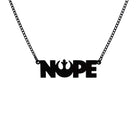 Nope necklace with Rebel Alliance symbol in matte black hanging on a black chain against a white background. 