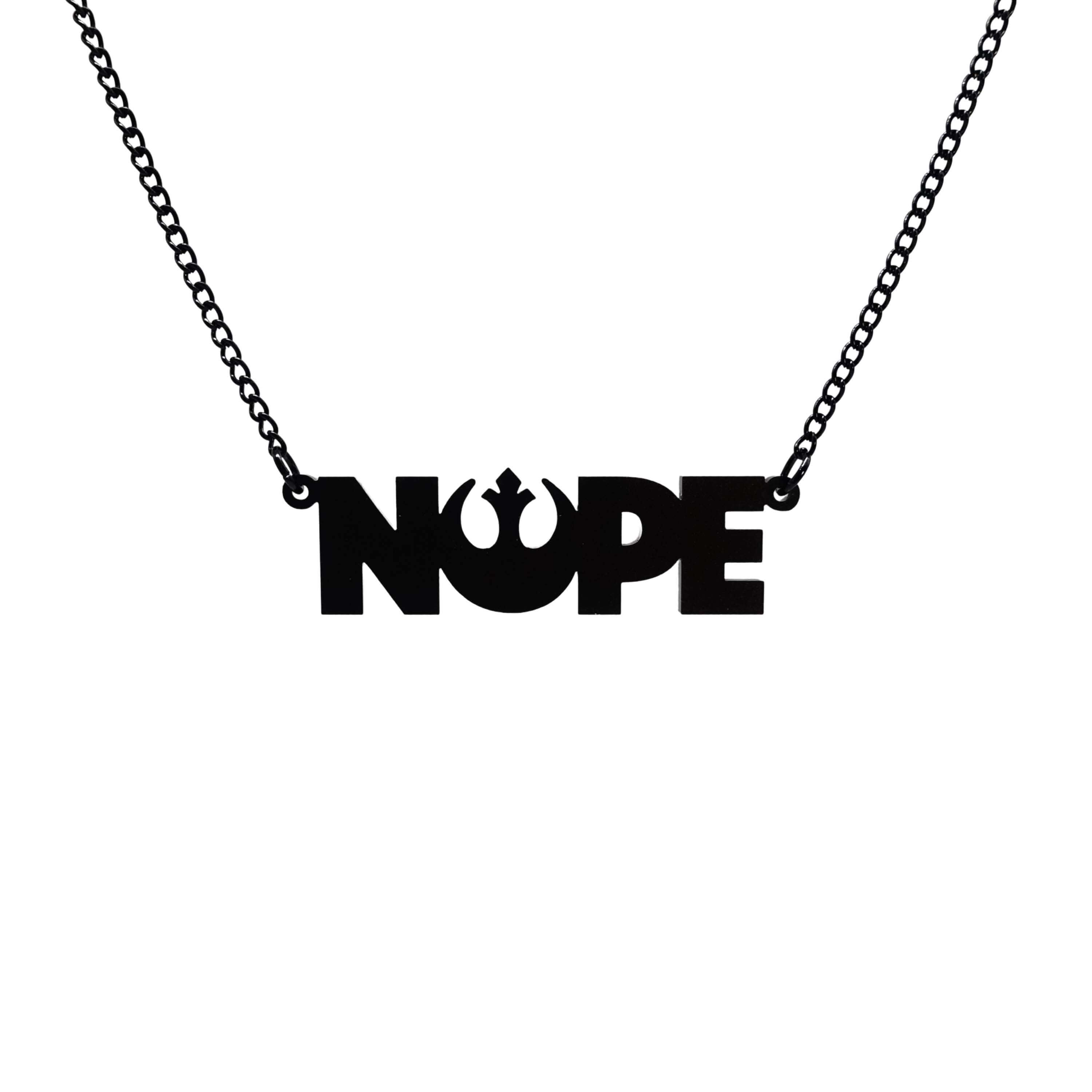 Nope necklace with Rebel Alliance symbol in matte black hanging on a black chain against a white background. 