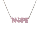 Nope necklace with Rebel Alliance symbol in pale pink frost hanging on a stainless steel chain against a white background. 