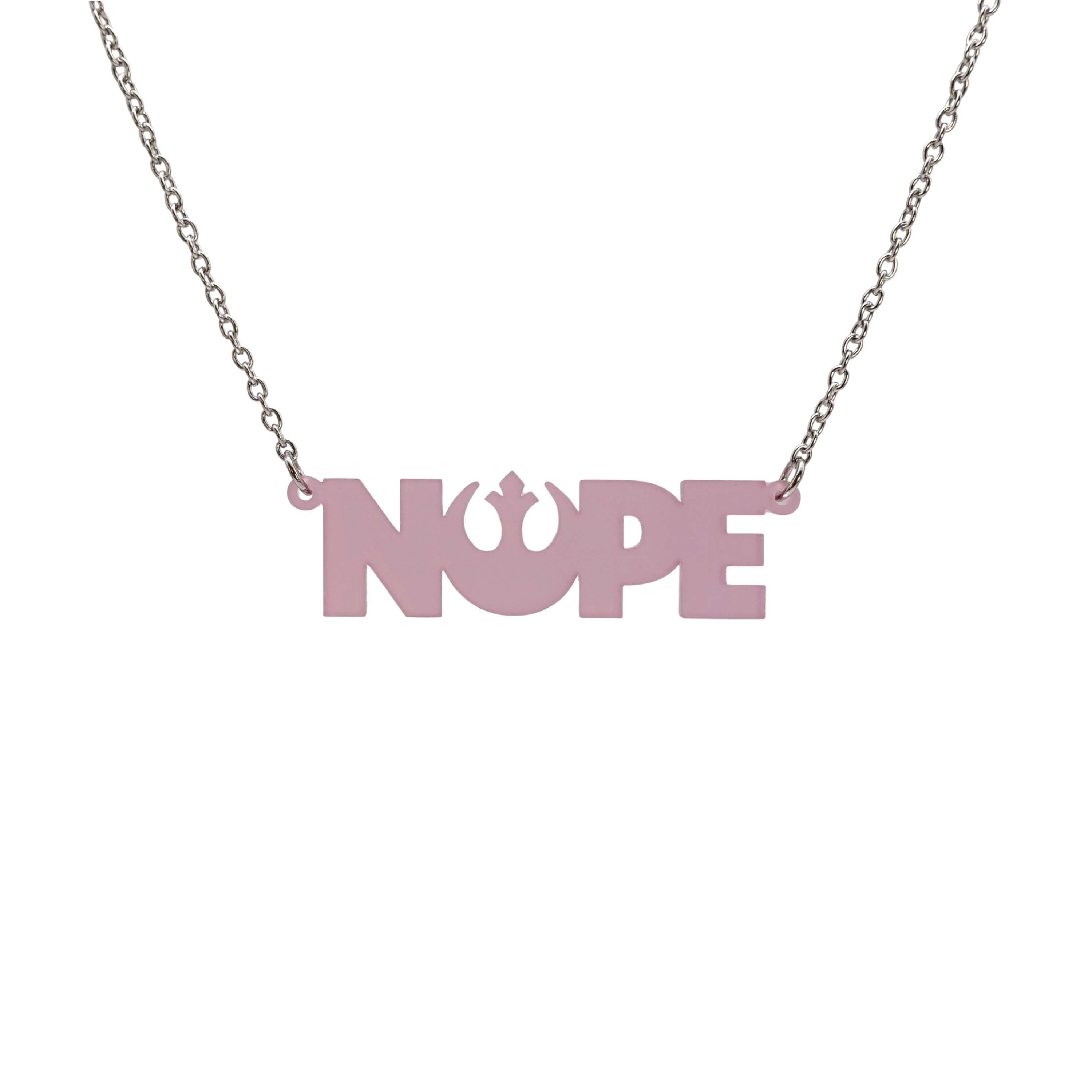 Nope necklace with Rebel Alliance symbol in pale pink frost hanging on a stainless steel chain against a white background. 