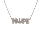 Nope necklace with Rebel Alliance symbol in silver glitter hanging on a stainless steel chain against a white background. 