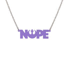 Nope necklace with Rebel Alliance symbol in violet frost hanging on a stainless steel chain against a white background. 