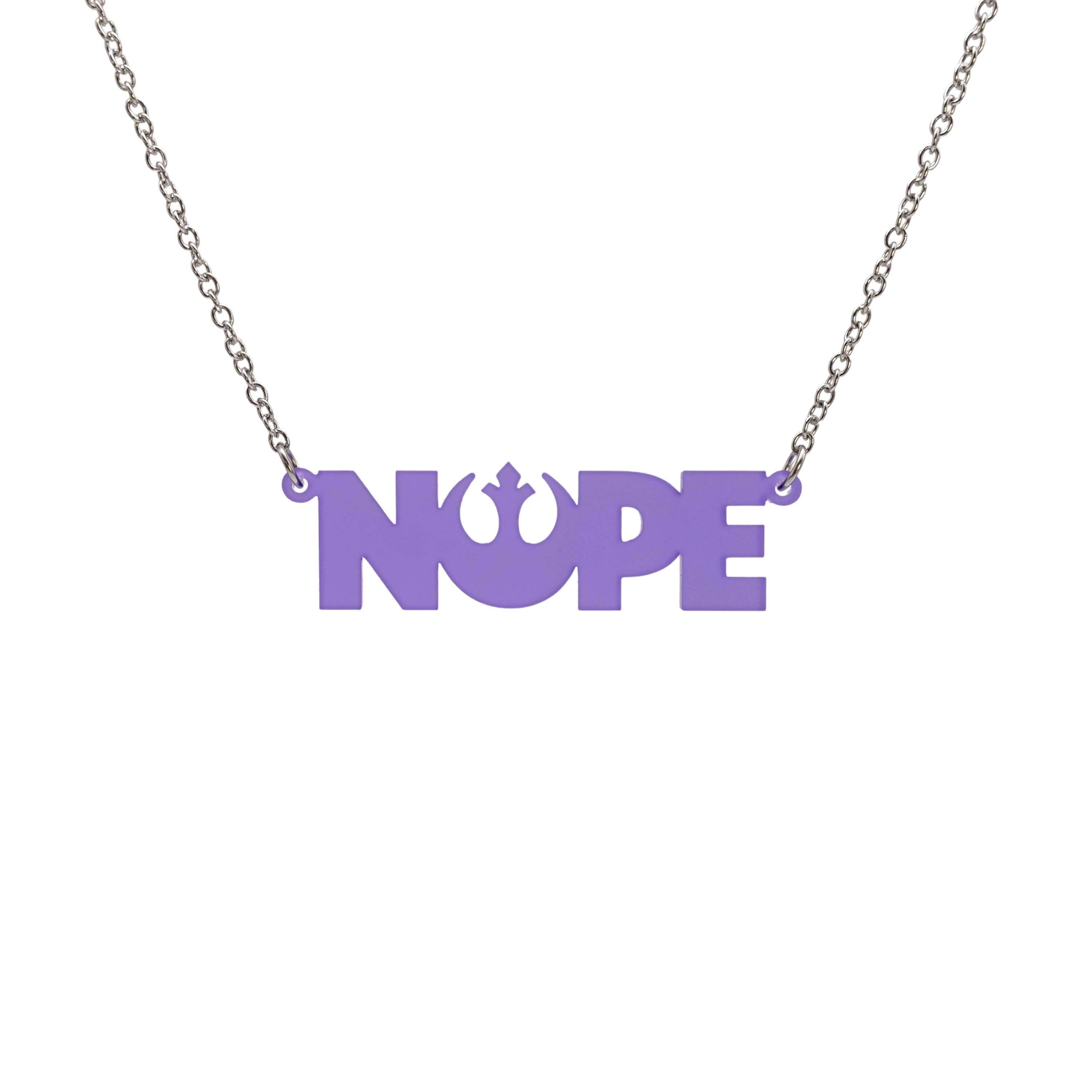 Nope necklace with Rebel Alliance symbol in violet frost hanging on a stainless steel chain against a white background. 