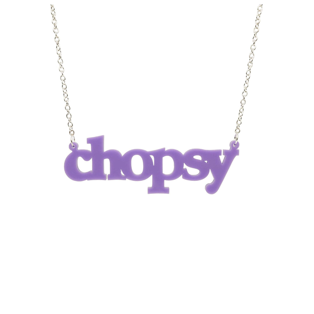 Parma violet Chopsy necklace shown hanging against a white backround. 