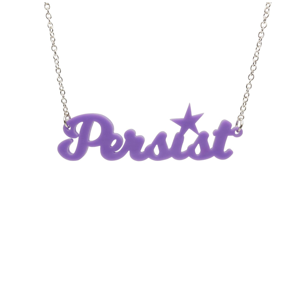 Parma violet script Persist necklace shown hanging against a white background. 