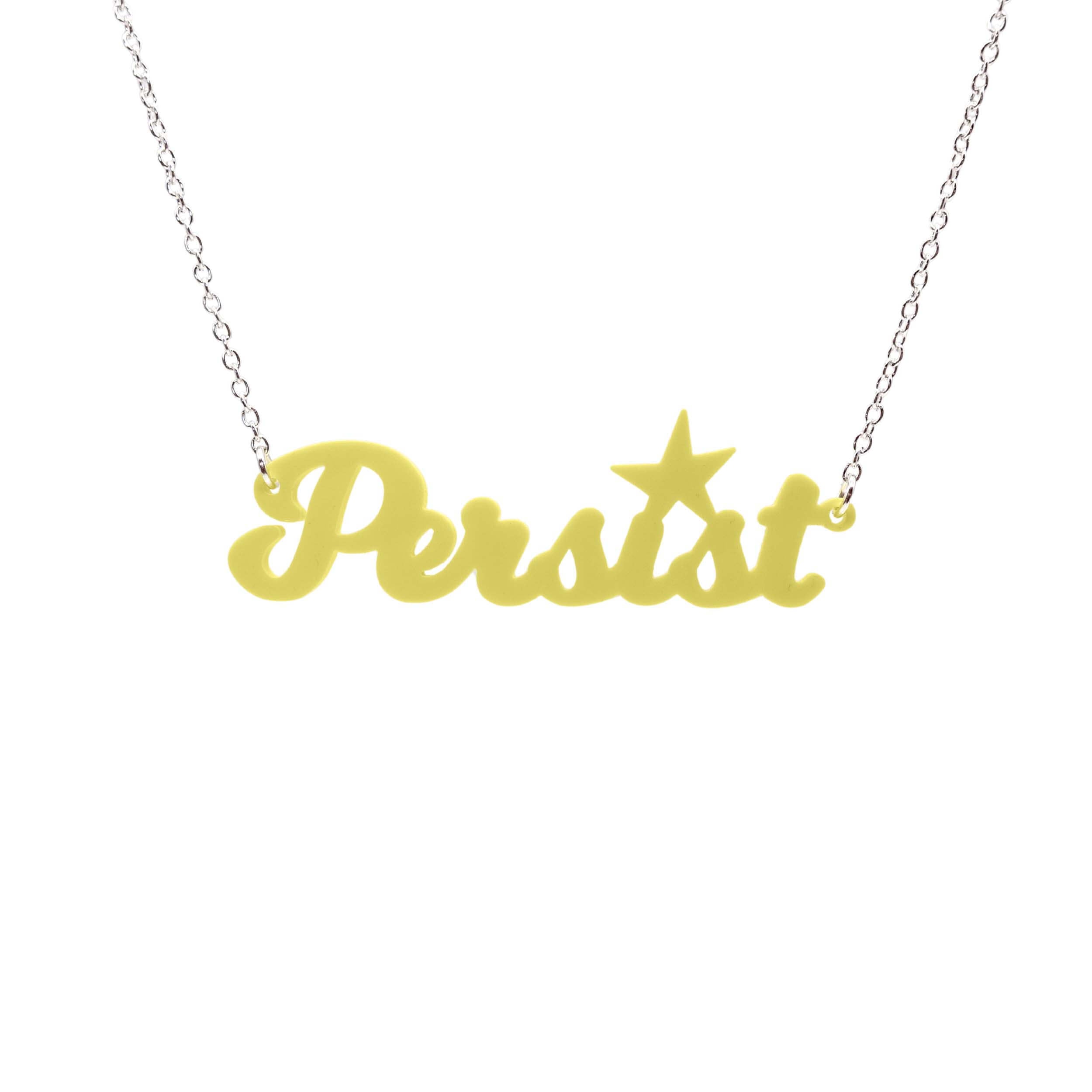 Persist necklace in script font in lemon drop, shown hanging on a white background. Join the Persisterhood! 