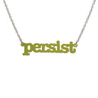 Typewriter Resist necklace in olive frost shown hanging on a stainless steel chain against a white background. 