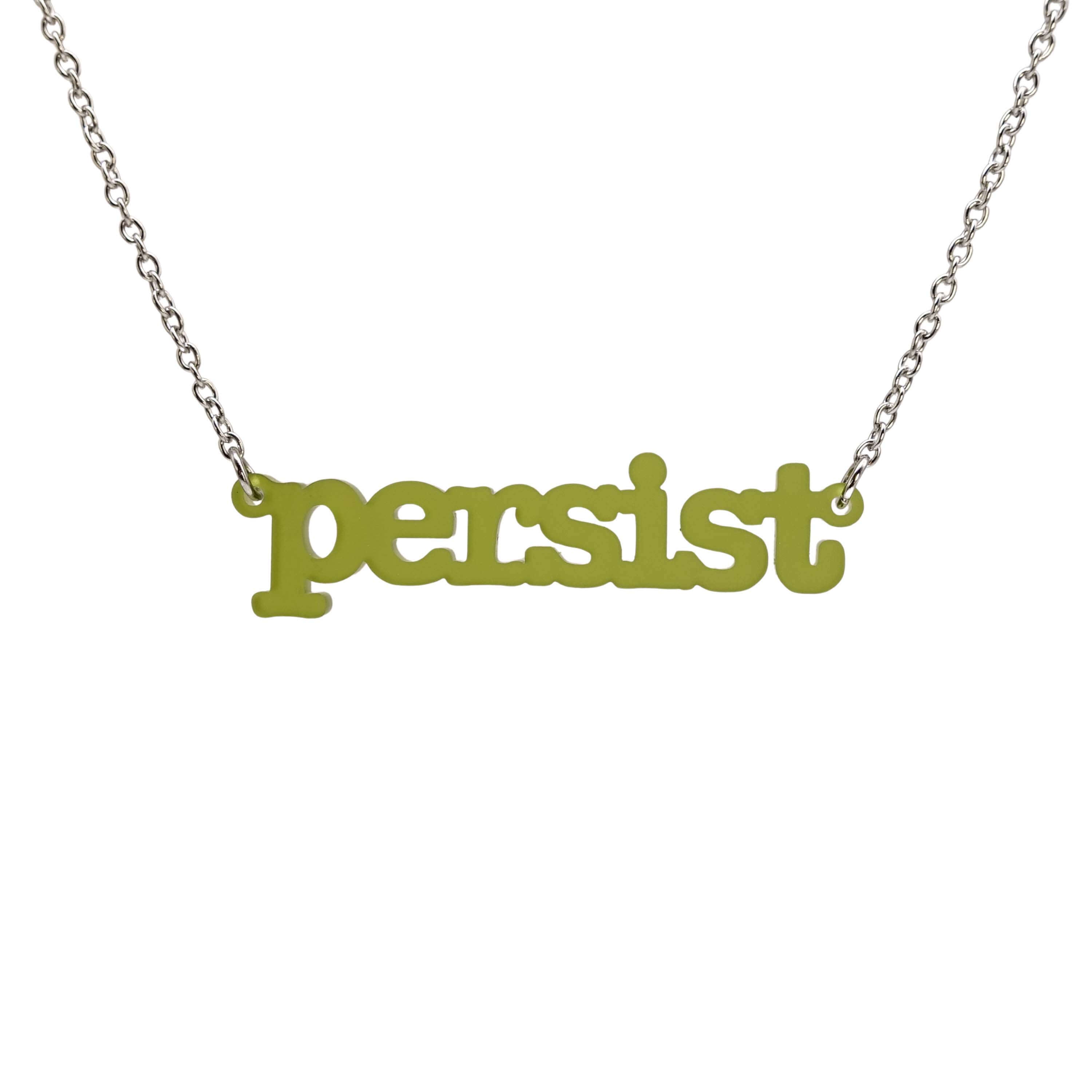 Typewriter Resist necklace in olive frost shown hanging on a stainless steel chain against a white background. 