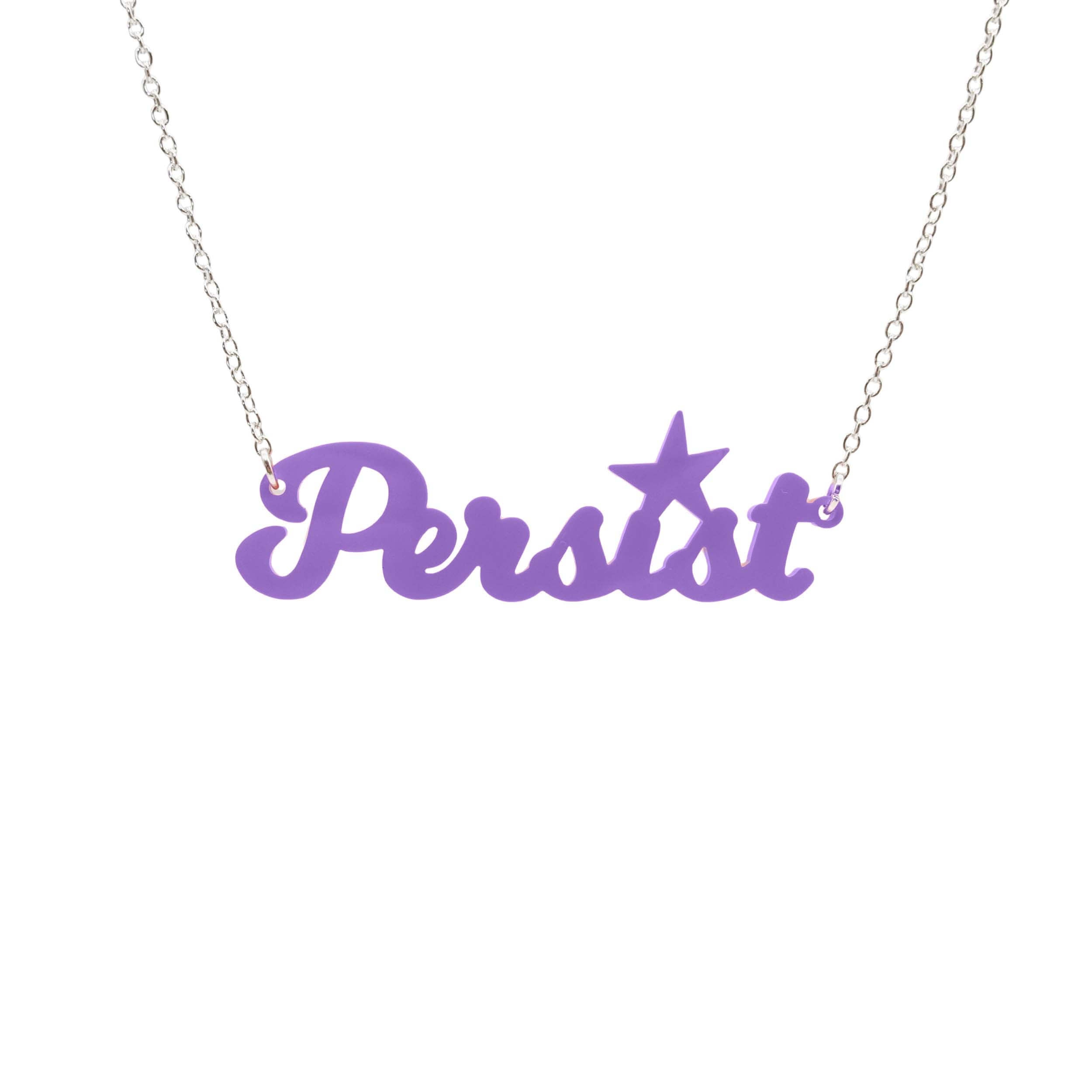 Persist necklace in script font in parma violet, shown hanging on a white background. Join the Persisterhood! 