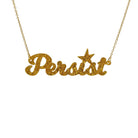 Persist necklaace in ultra gold glitter, shown hanging against a white background. 