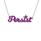 Persist necklaace in violet glitter, shown hanging against a white background. 