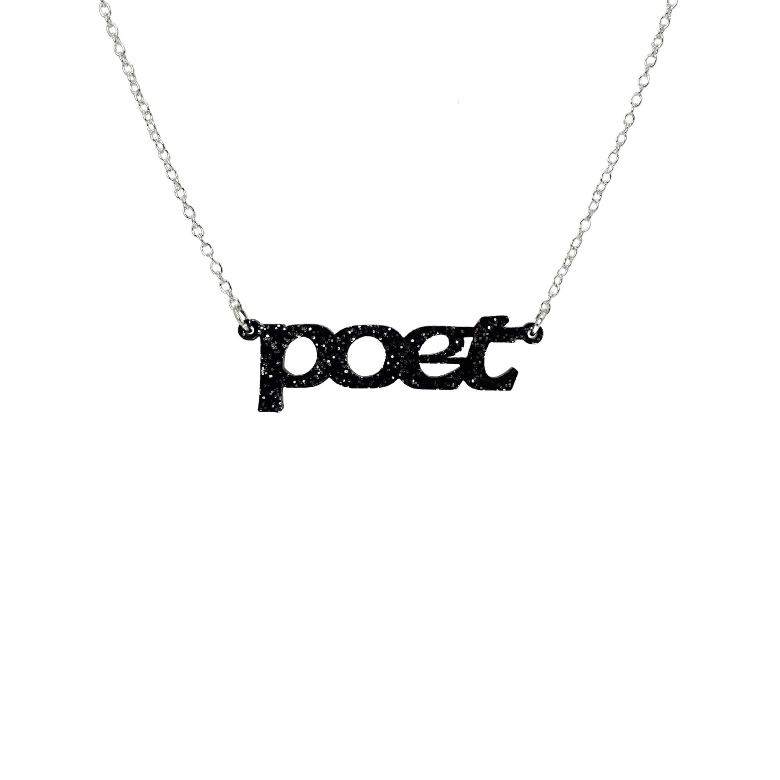 Poet necklace in black glitter, shown hanging against a white background. 