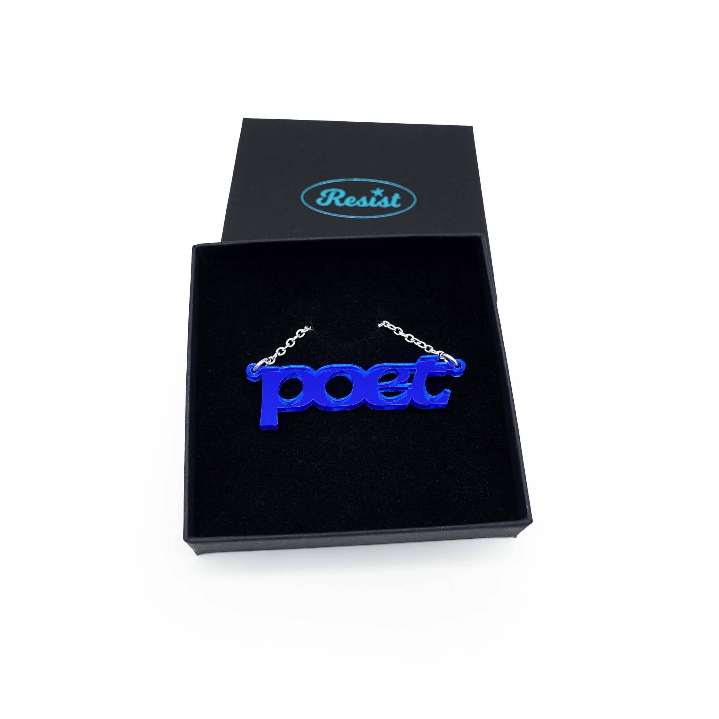 Poet necklace in electric blue mirror, shown in a Wear and Resist gift box. 