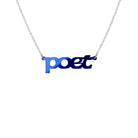 Poet necklace in electric blue mirror, shown hanging against a white background. 