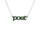 Poet necklace in moss glitter, shown hanging against a white background. 