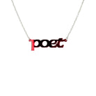 Poet necklace in ruby mirror, shown hanging against a white background. 