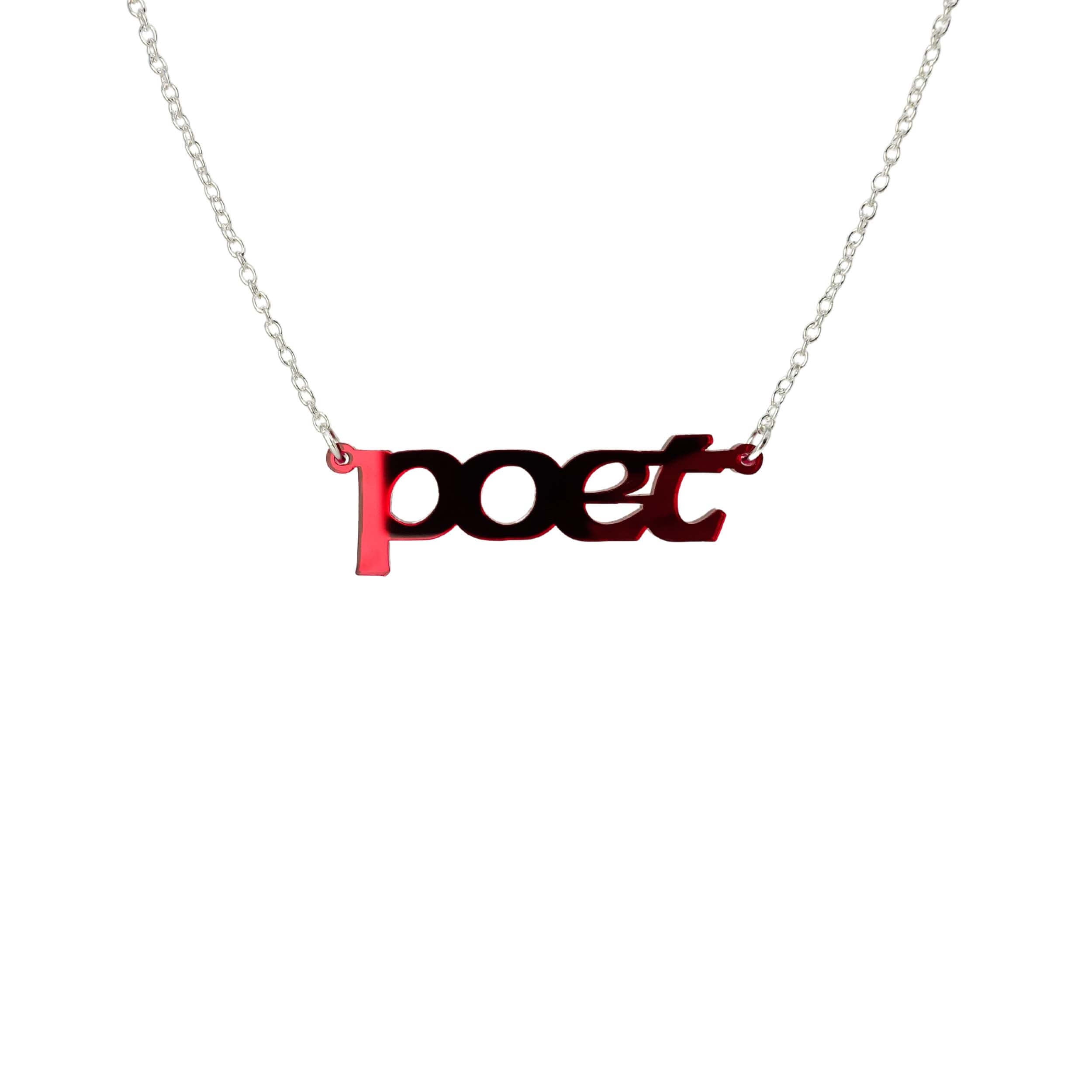 Poet necklace in ruby mirror, shown hanging against a white background. 